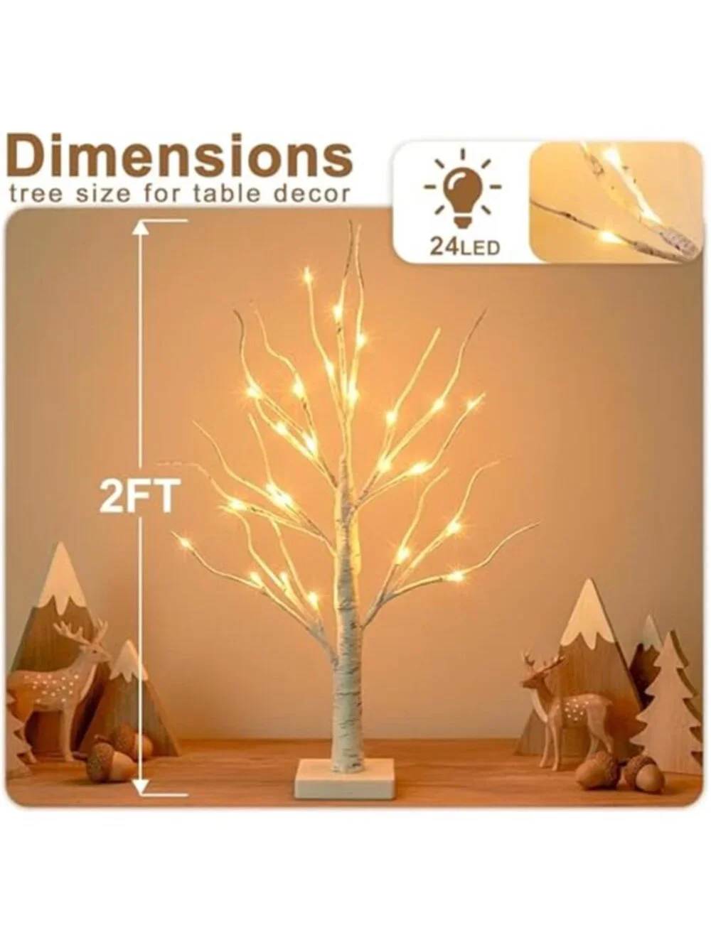 LED Birch Tree Light 2FT Table Decor USB Battery Timer Warm White Branches